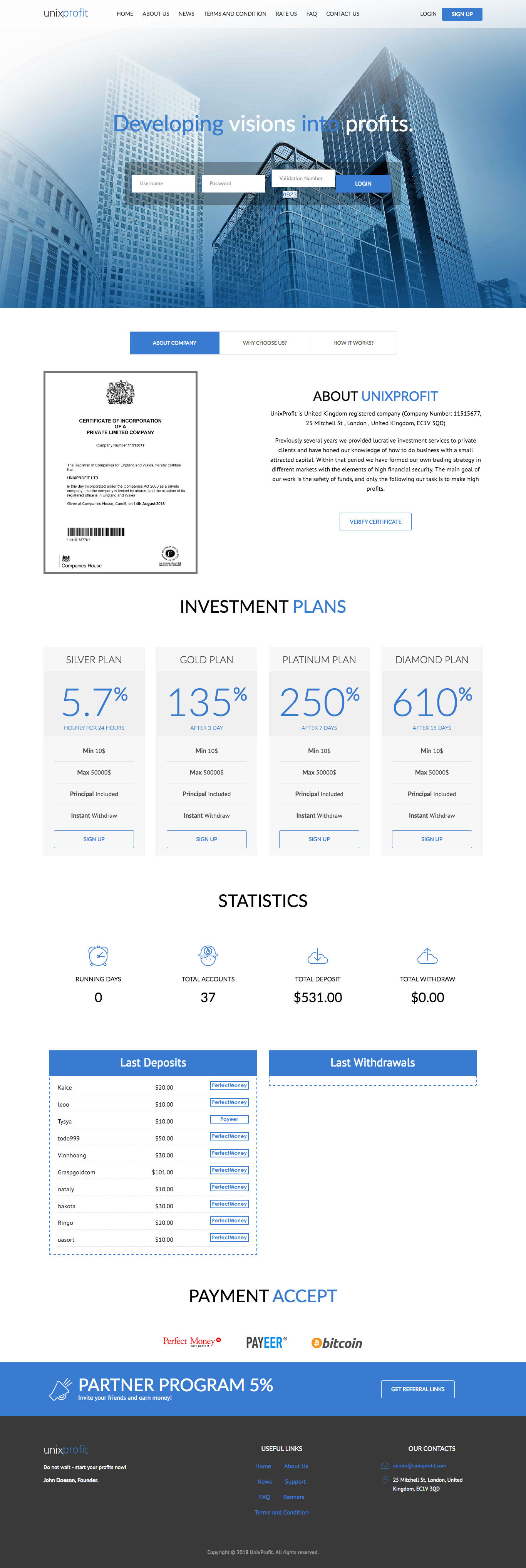 HYIP project UNIXPROFIT LTD